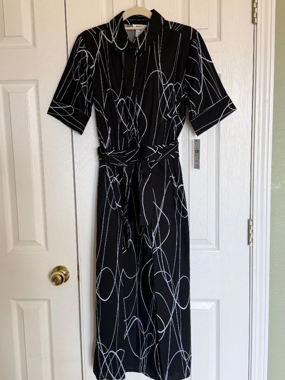 NWT DKNY Women's Black White Abstract Cotton Midi Shirt Dress Size 4